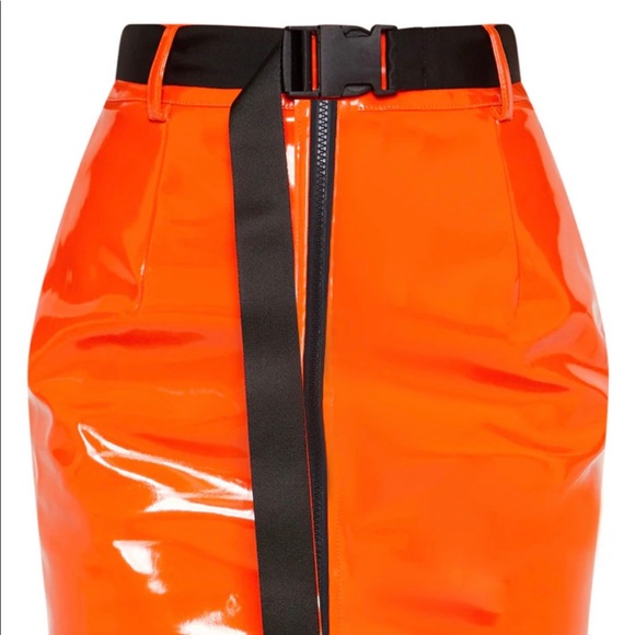 Orange Vinyl Zip Detail Belted Mini Skirt - Picture 3 of 3